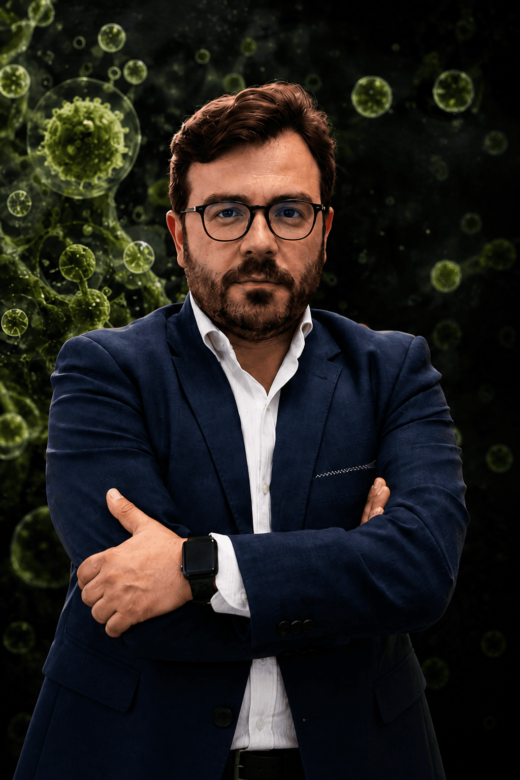 Retrato de David Iglesias con un fondo inspirado en la biotecnología de microalgas