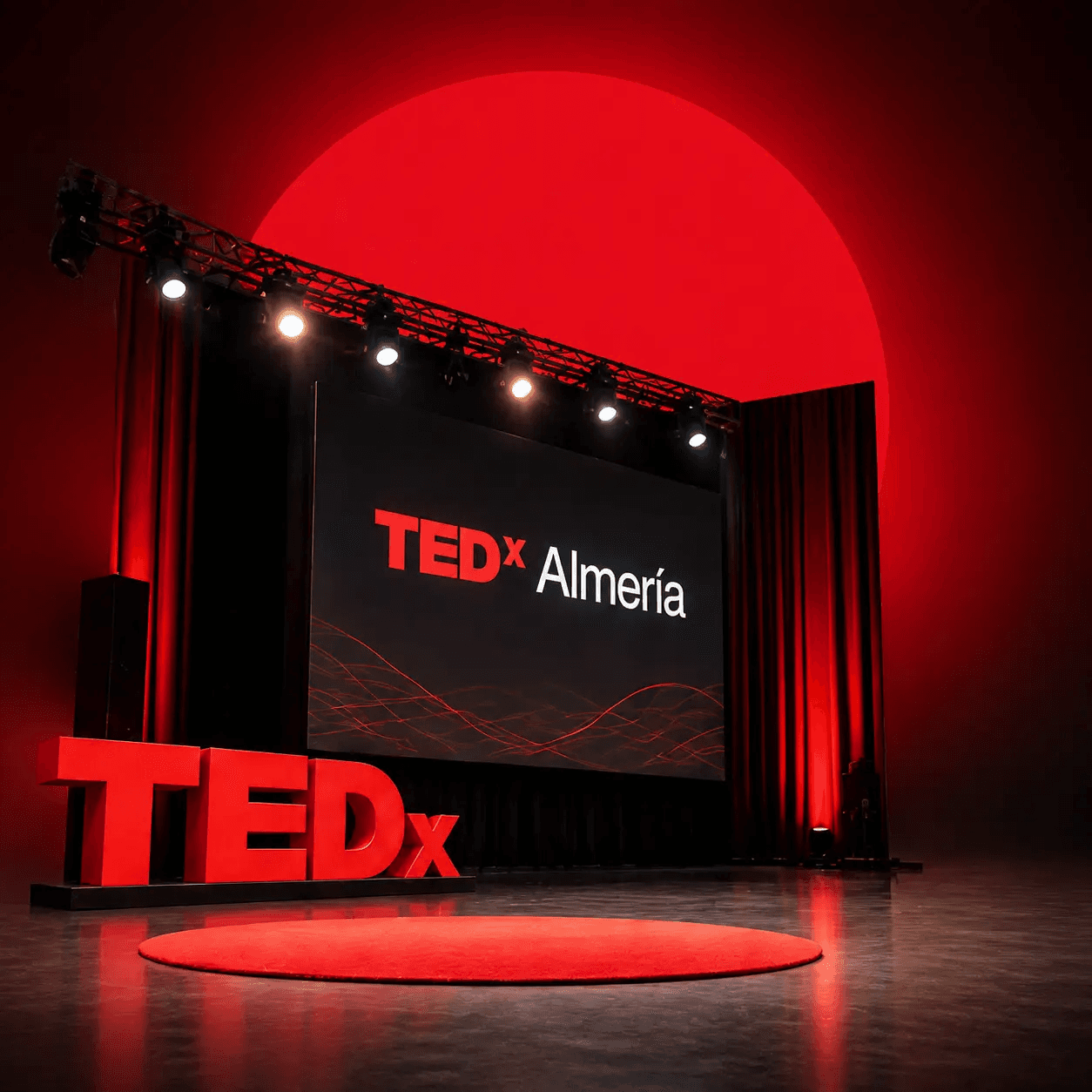 Escenario de TEDxAlmería con la alfombra roja preparado para el evento