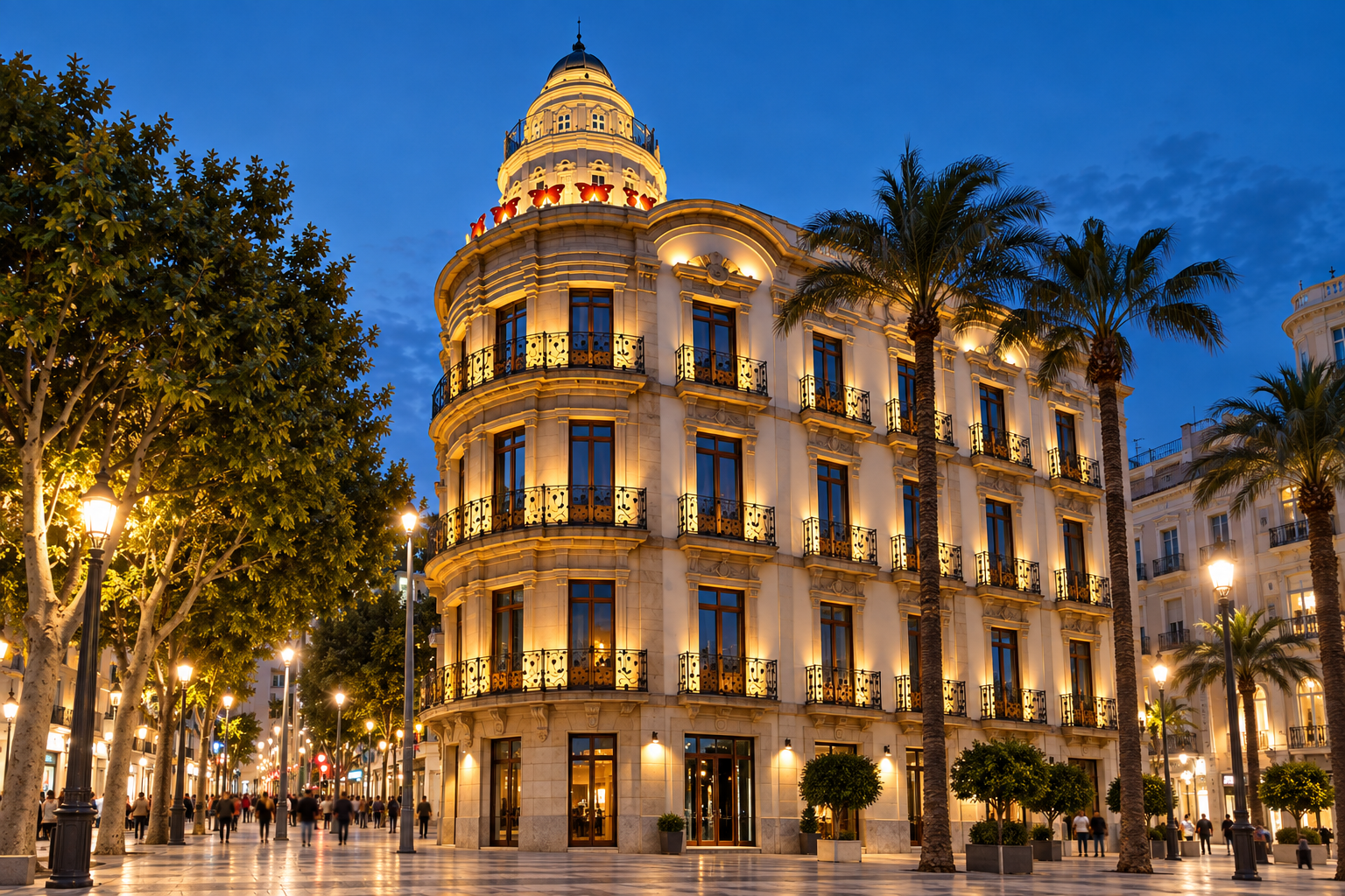 Casa de las Mariposas iluminada al anochecer en Puerta de Purchena